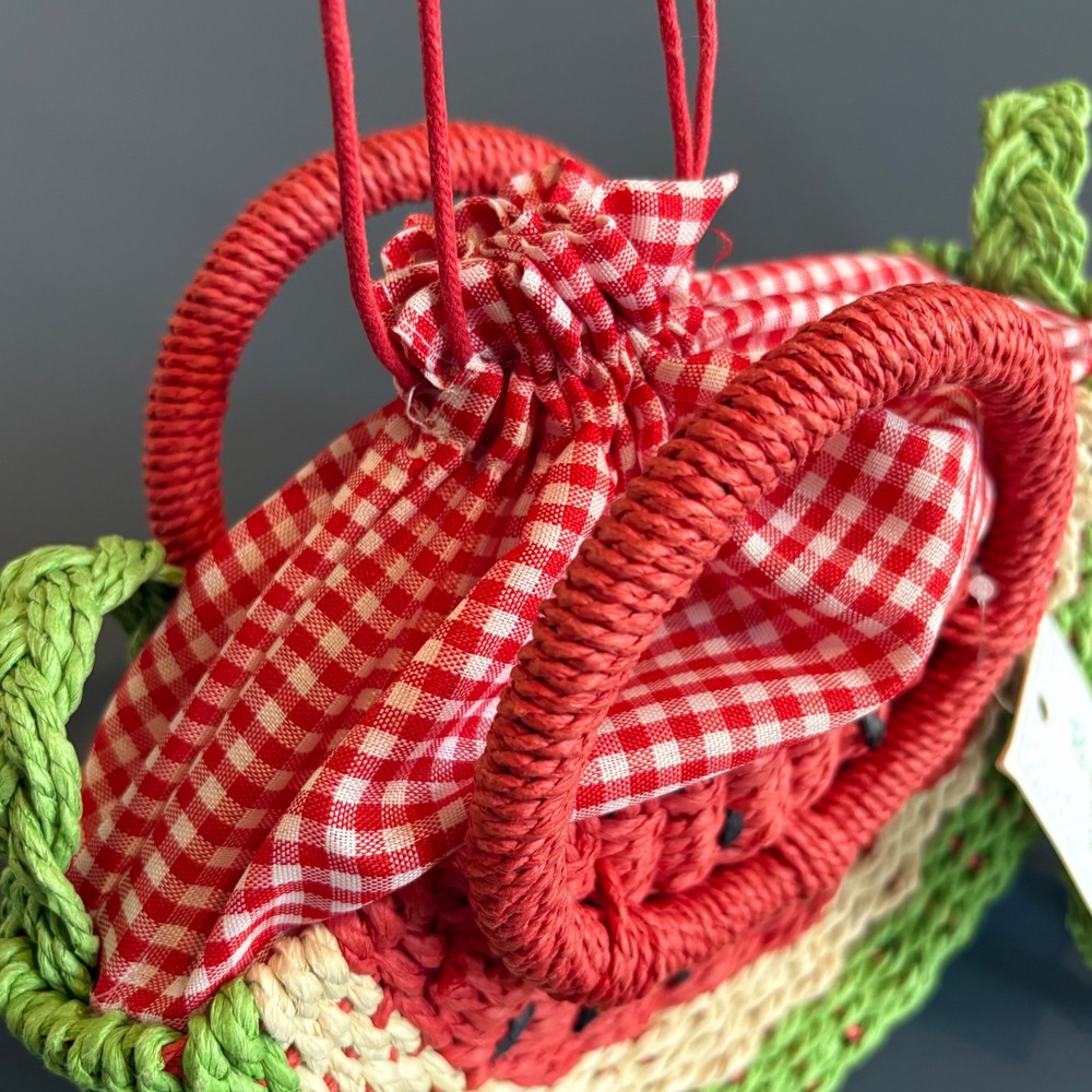 Nordstrom Watermelon Straw Crossbody Bag | Red Green Gingham | NWT - Picture 7 of 10
